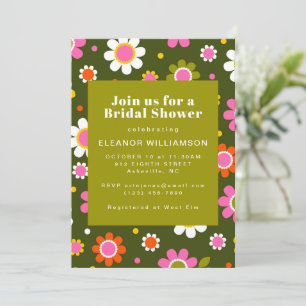 Invitation Super Retro 60s Fleurs Olive Green Fête des mariée