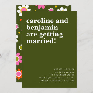 Invitation Super Retro 60s Fleurs vert foncé Boho Mariage
