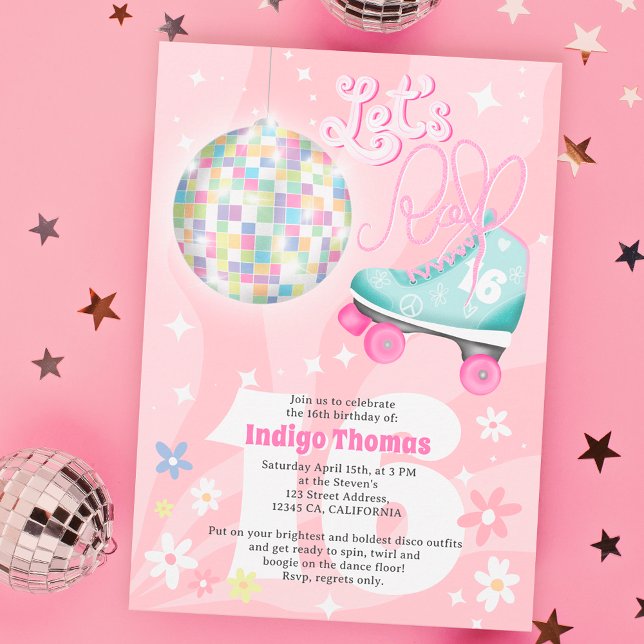Invitation Super rétro disco floral roller skate Sweet 16 (Créateur téléchargé)
