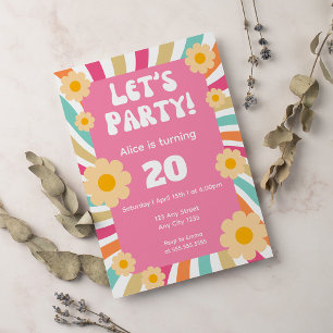 Invitation Super Retro Hippie Daisy Rose 20e anniversaire