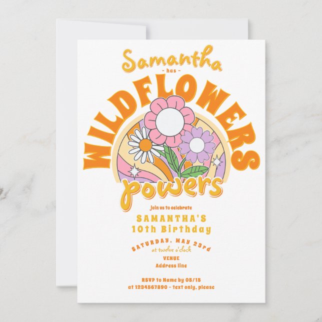 Invitation Super Retro les années 70 Fleur sauvage Flower Pow (Devant)