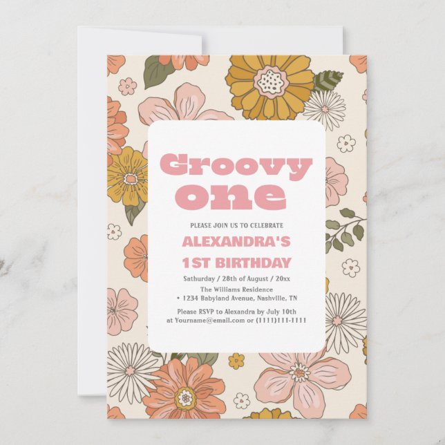 Invitation Super un 1er anniversaire Retro Retro floral (Devant)