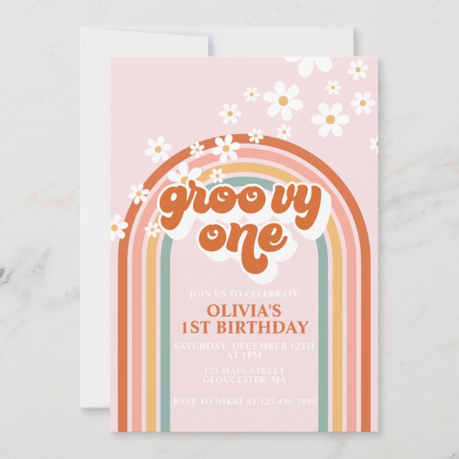 Invitation Super Un boho marguerite arc-en-ciel premier anniv (Devant)