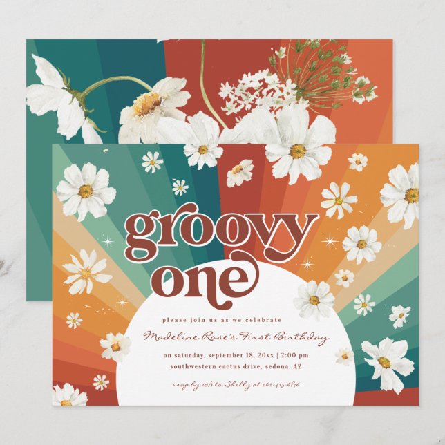 Invitation Super un premier anniversaire | Retro Daisy Rainbo (Devant / Derrière)
