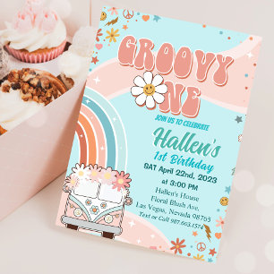Invitation Super Un Retro Daisy Arc-en-ciel Premier anniversa