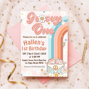 Invitation Super Un Retro Daisy Arc-en-ciel Premier anniversa
