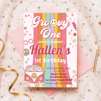 Invitation Super Un Retro Daisy Arc-en-ciel Premier anniversa