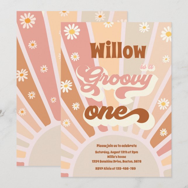 Invitation Super Une Hippie 1er Anniversaire Sunshine Daisy (Devant / Derrière)