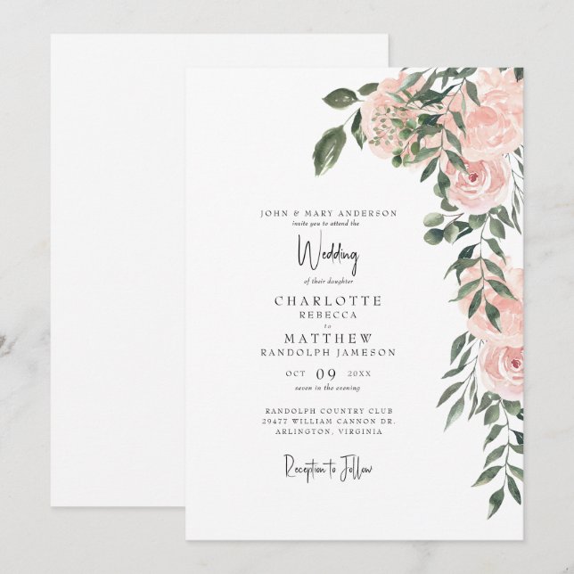 Invitation Superbe aquarelle Blush Floral Blanc Mariage (Devant / Derrière)
