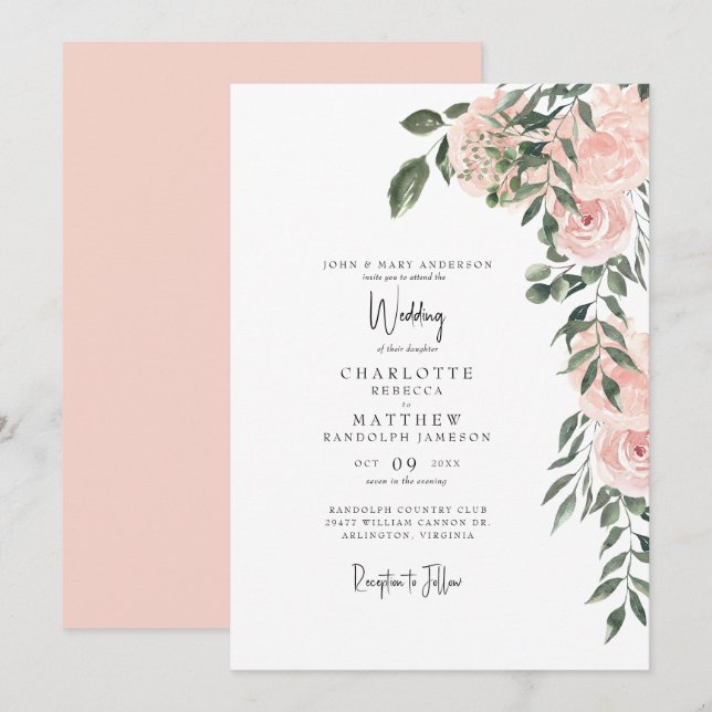 Invitation Superbe aquarelle Blush Floral Mariage (Devant / Derrière)