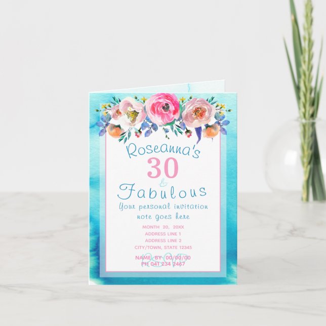 Invitation Superbe aquarelle florale 30 et fabuleuse (Devant)