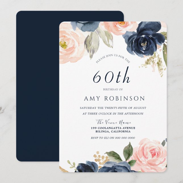 Invitation Superbe Blush & Navy Floral 60e fête d'anniversair (Devant / Derrière)