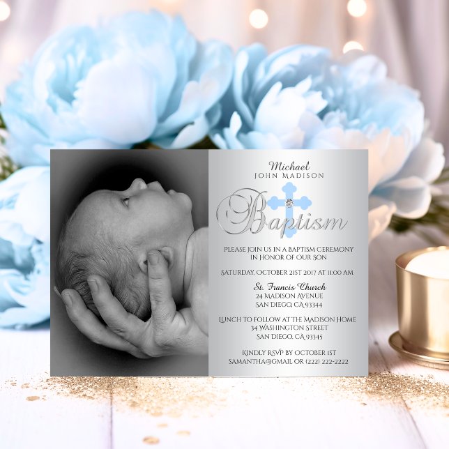 Invitation Superbe Croix Bleue Argent Boy PHOTO Baptême (Gorgeous Silver Blue Cross Boy PHOTO Baptism Invitation)