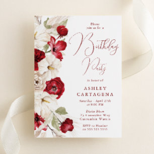 Invitation Superbe fête d'anniversaire blanche et rouge flora