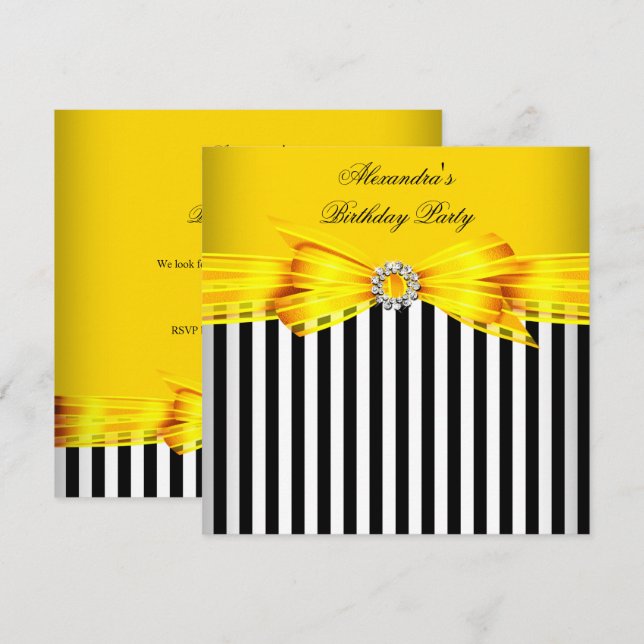 Invitation Superbe Jaune Noir Blancs Fête d'Anniversaire (Devant / Derrière)