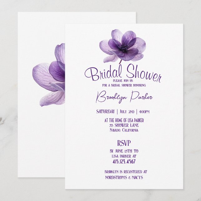 Invitation Superbe Mariage de fleurs violettes (Devant / Derrière)