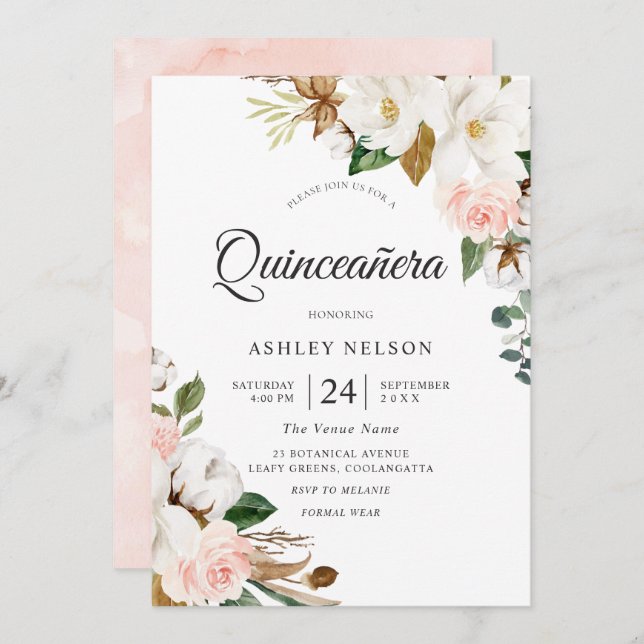 Invitation Superbe Quinceanera Blush & Fleurs Blanches (Devant / Derrière)