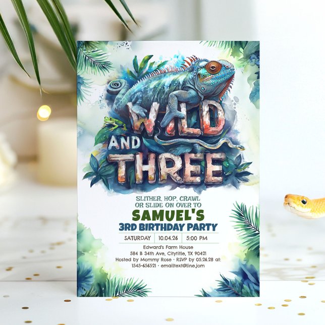 Invitation Superbe Reptiles Wild et Trois 3e fête d'anniversa (Wild and Three Birthday Invitation)