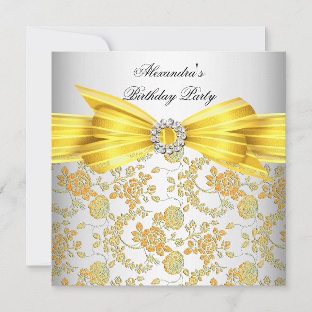 Invitation Superbe Rose jaune blanc Damas fête d'anniversaire (Devant)