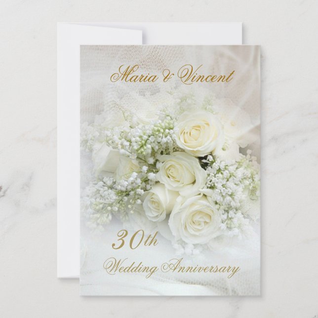 Invitation Superbes roses blanches 30e anniversaire de Mariag (Devant)