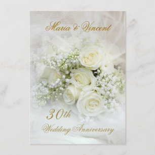 Invitation Superbes roses blanches 30e anniversaire de Mariag
