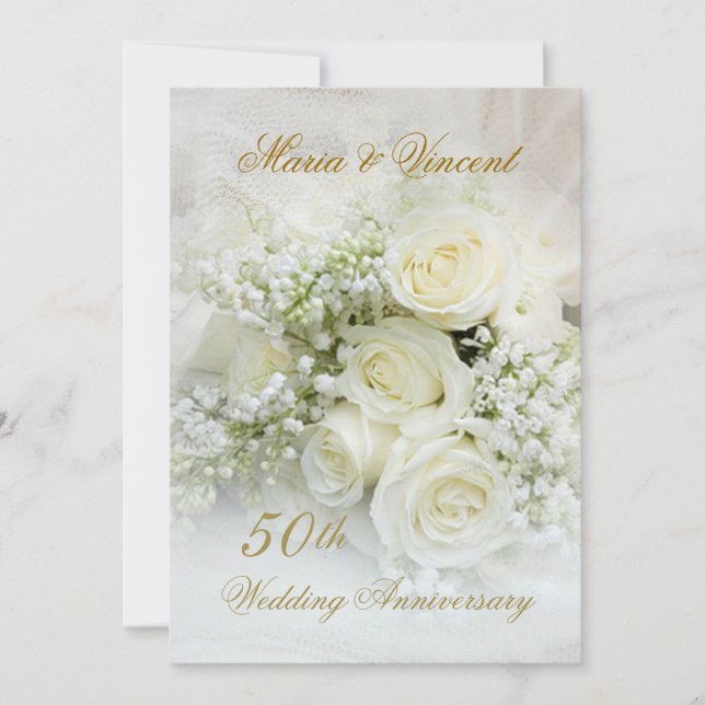 Invitation Superbes roses blanches 50e anniversaire de Mariag (Devant)