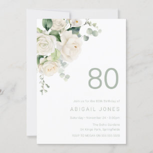 Invitation Superbes Roses Blanches 80e fête d'anniversaire