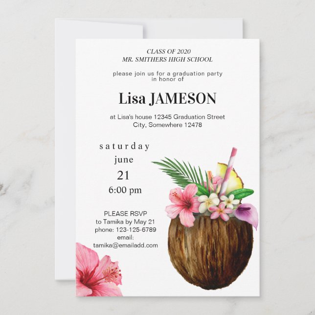 Invitation Superficie tropicale hawaïenne de fleurs et de noi (Devant)