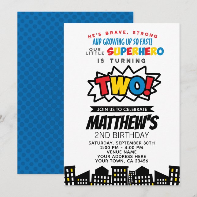Invitation Superhero 2e anniversaire (Devant / Derrière)