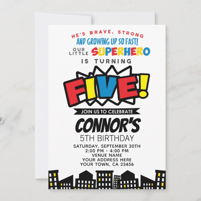 Invitation Superhero 5e anniversaire (Devant)