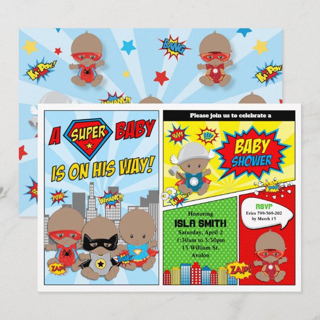 Invitation Superhero Baby shower Boy Afro-Américain (Devant / Derrière)
