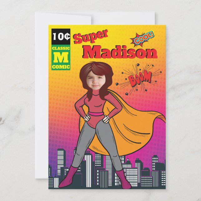Invitation Superhero Birthday Girl Comic ⚡ Fun Fab USA (Devant)