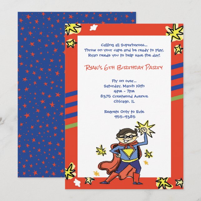 Invitation Superhero Boy Brunette Comic Action Hero Party (Devant / Derrière)