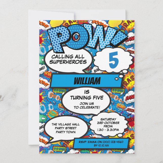 Invitation Superhero Boy Comic Book Anniversaire Party Blue (Devant)