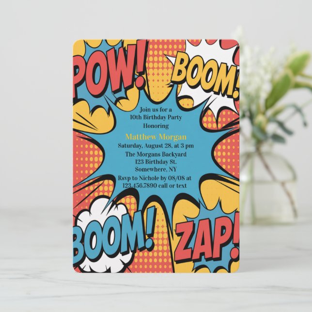 Invitation Superhero Comic Book Pop Art Boy Birthday Party (Debout devant)