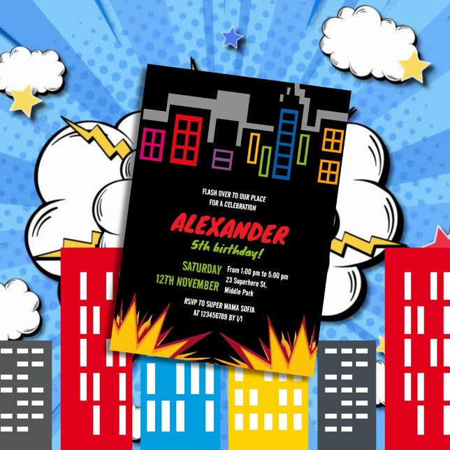 Invitation Superhero Dark City Building Anniversaire de enfan (Créateur téléchargé)