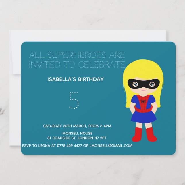 Invitation Superhero Enfants Filles Anniversaire Fête Invitat (Devant)