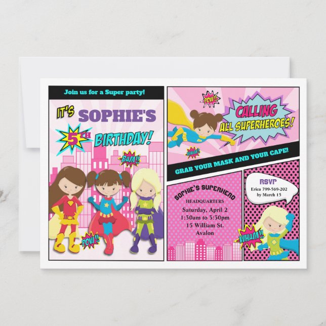 Invitation Superhero fête d'anniversaire fille Power Super hé (Devant)