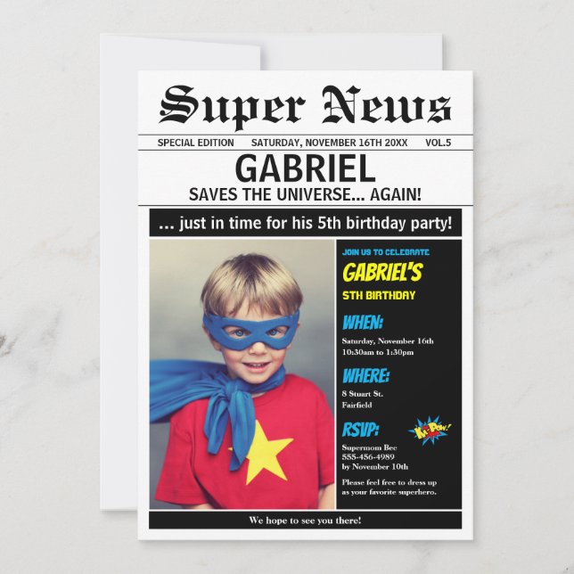 Invitation Superhero fête d'anniversaire garçon fille photo (Devant)