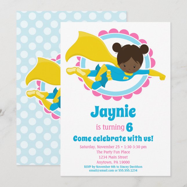 Invitation Superhero Girl - African American Birthday Party (Devant / Derrière)