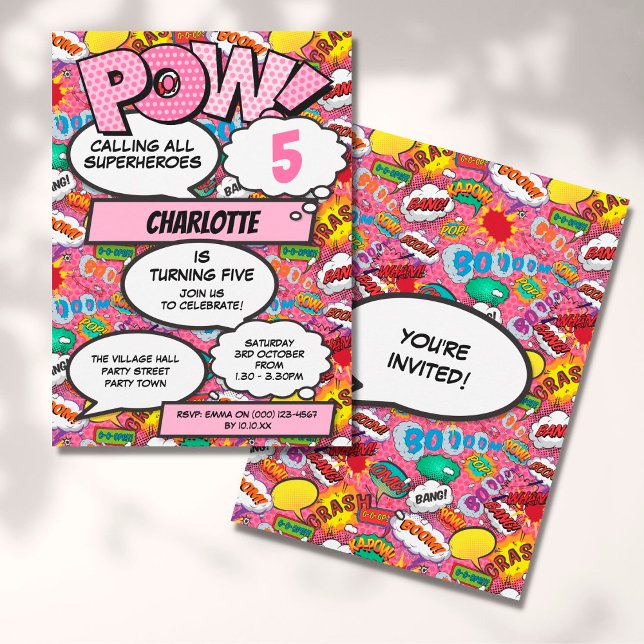 Invitation Superhero Girl Comic Book Anniversaire fête rose (Créateur téléchargé)