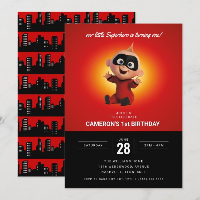 Invitation Superhero Incroyable 1er anniversaire (Devant / Derrière)