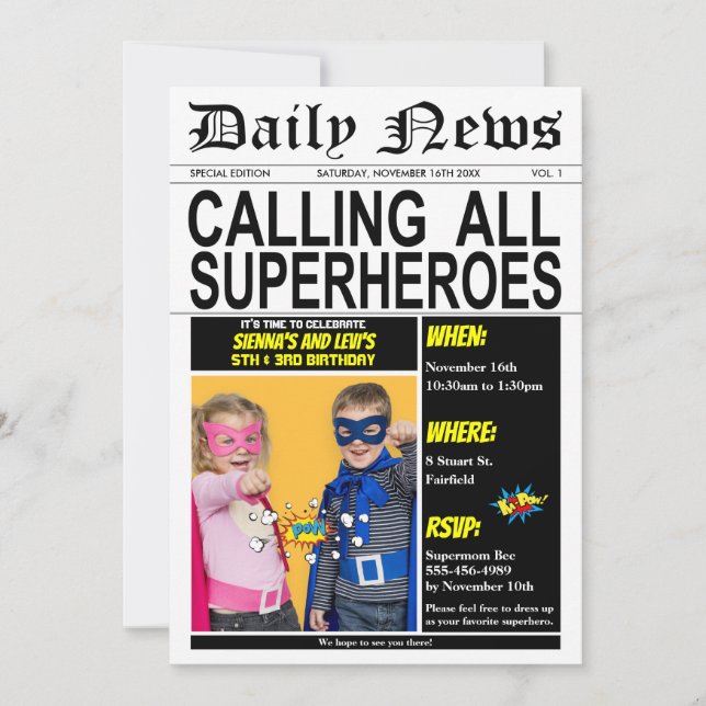 Invitation Superhero Joint Birthday Party Super Hero Photo (Devant)
