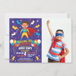 Invitation Superhero Party Photo Boys Blue Stars Super