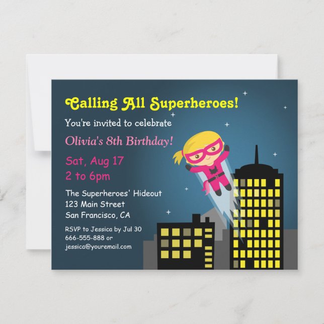 Invitation Superhero Superhero fille mignonne fête d'annivers (Devant)
