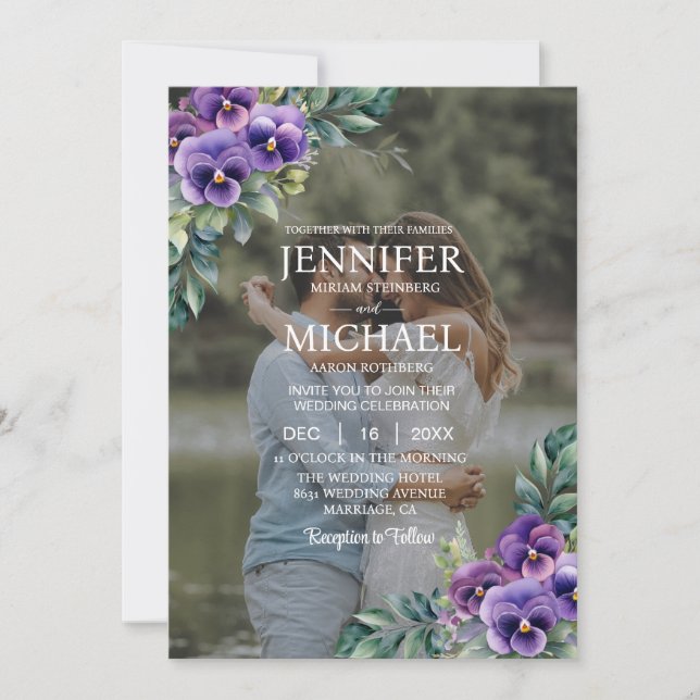 Invitation Superposer Portrait photo Photo QR Pansies Mariage (Devant)