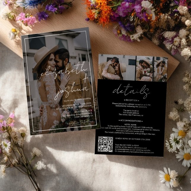 Invitation Superposition simple en noir blanc tout en un mari (Simple Black White overlay all in one wedding Invitation)