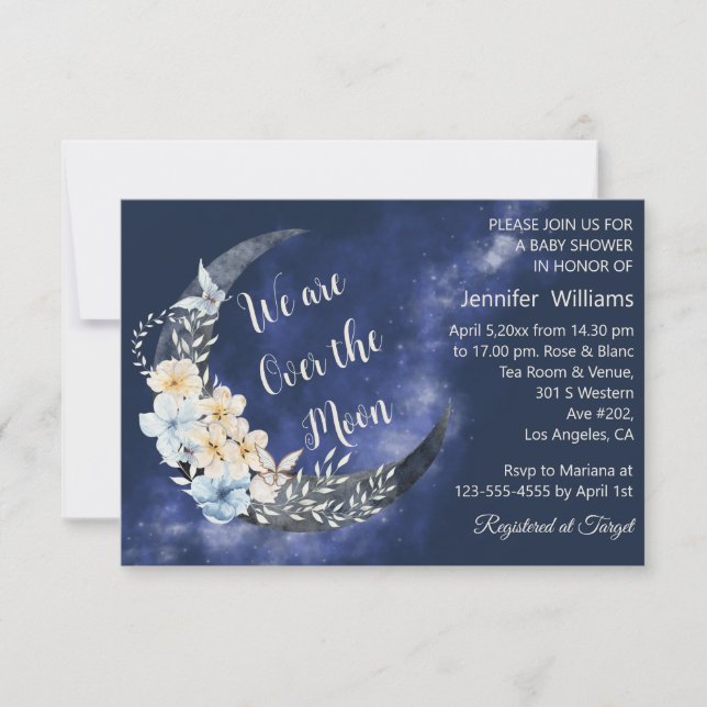 Invitation sur la lune baby shower floral marine design (Devant)