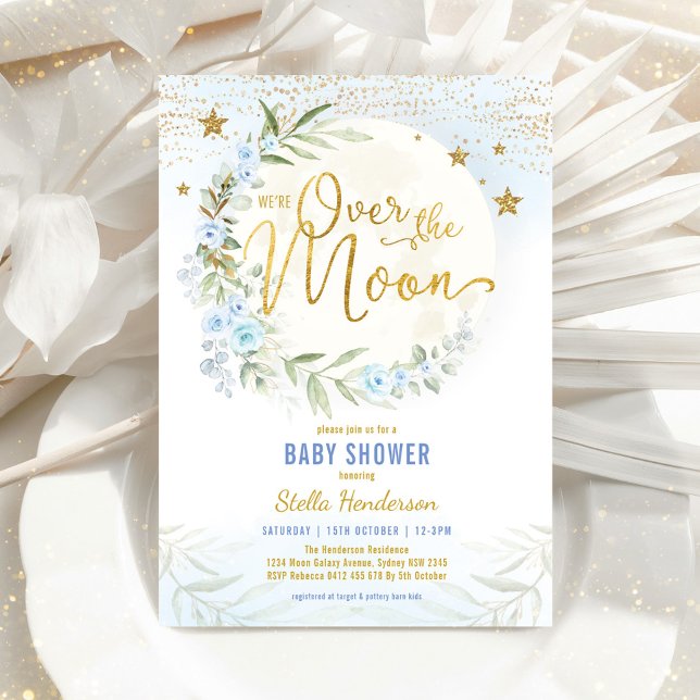 Invitation Sur la Lune Bleu Floral Baby shower Garçon (Créateur téléchargé)