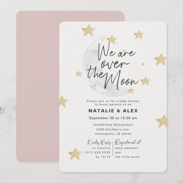 Invitation Sur la lune et les étoiles Baby shower fille (Devant / Derrière)